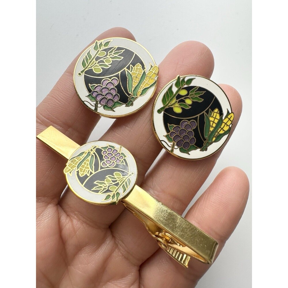 Vintage Cuff Links & Tie BarClip Cloisonné Fruit Gold Tone